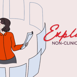 Exploring Non-Clinical Jobs - illustration of a woman surrounded by paper holding a magnifying glass