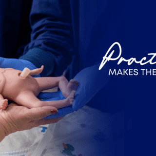 A high-fidelity mannequin held in the hands of healthcare professionals during simulation training in Texas Children's Simulation Center. Text reads Practice Makes the Difference.