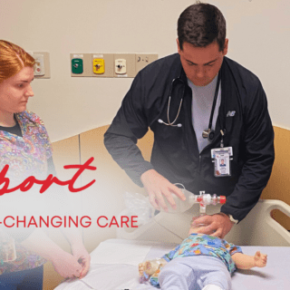 Pediatric Hematology-Oncology Nurses engage in simulation training. Text reads: Support for life-changing care.