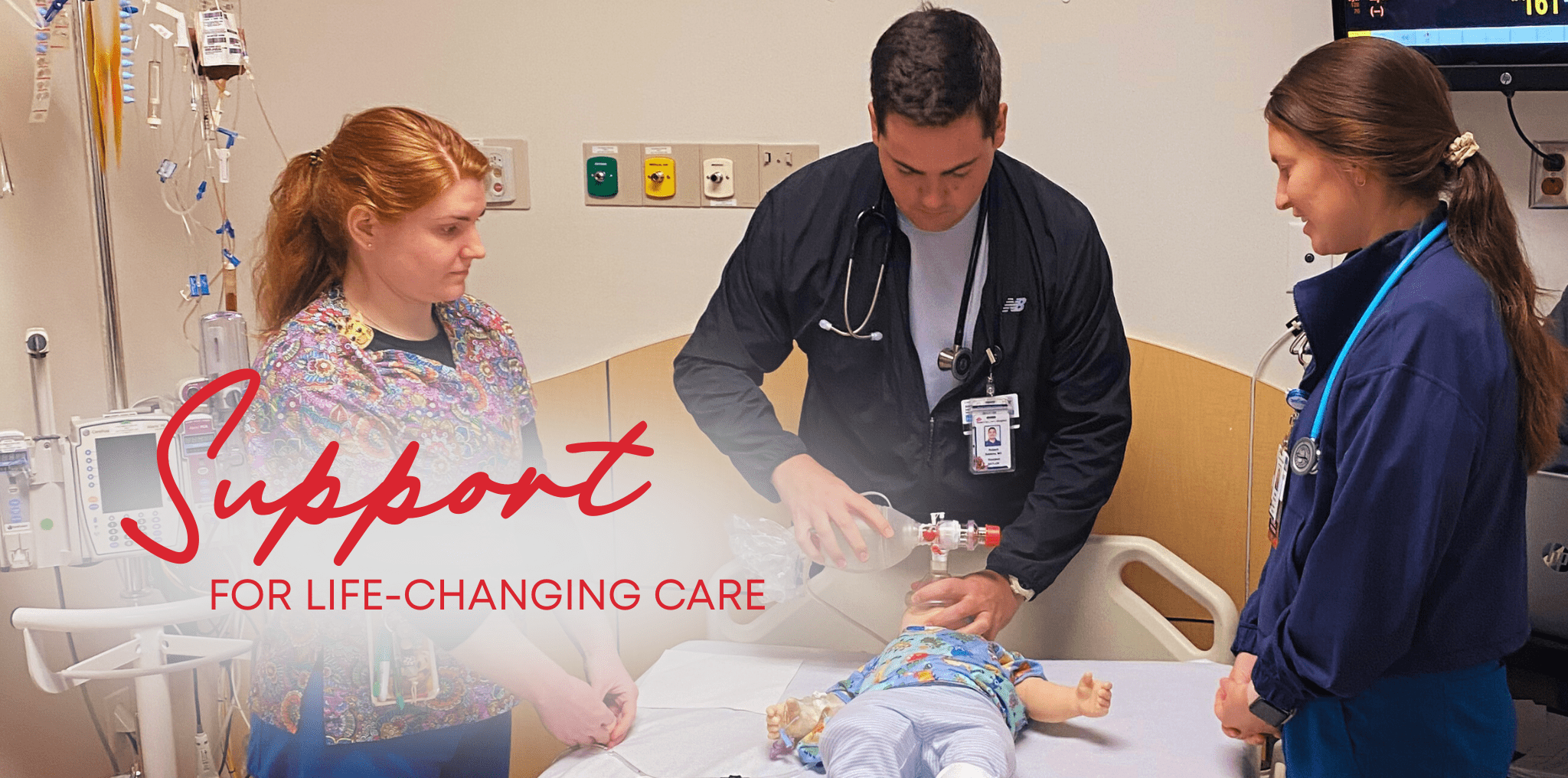 Pediatric Hematology-Oncology Nurses engage in simulation training. Text reads: Support for life-changing care.