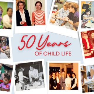 A collage of images of Texas Children's Child Life Department over the years. Text reads, 50 Years of Child Life