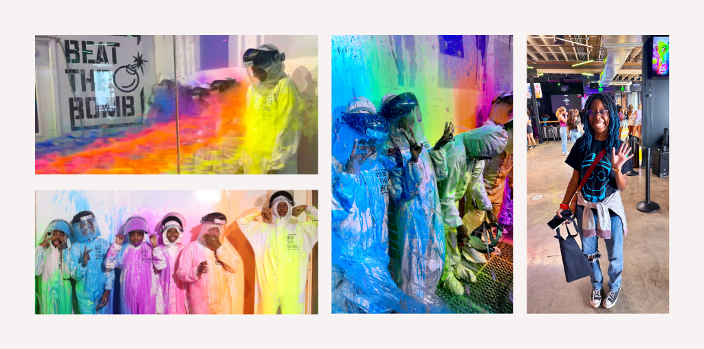 Members of CRU, a Texas Children's support program for teens with sickle cell pose and wave, and get splattered with colorful dust at a Beat the Bomb event.