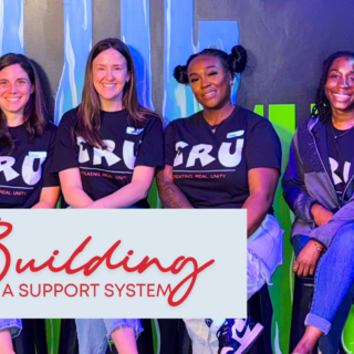 Texas Children's employees wearing CRU teen sickle cell support program t-shirts sit in a row. Text reads: Building a support system