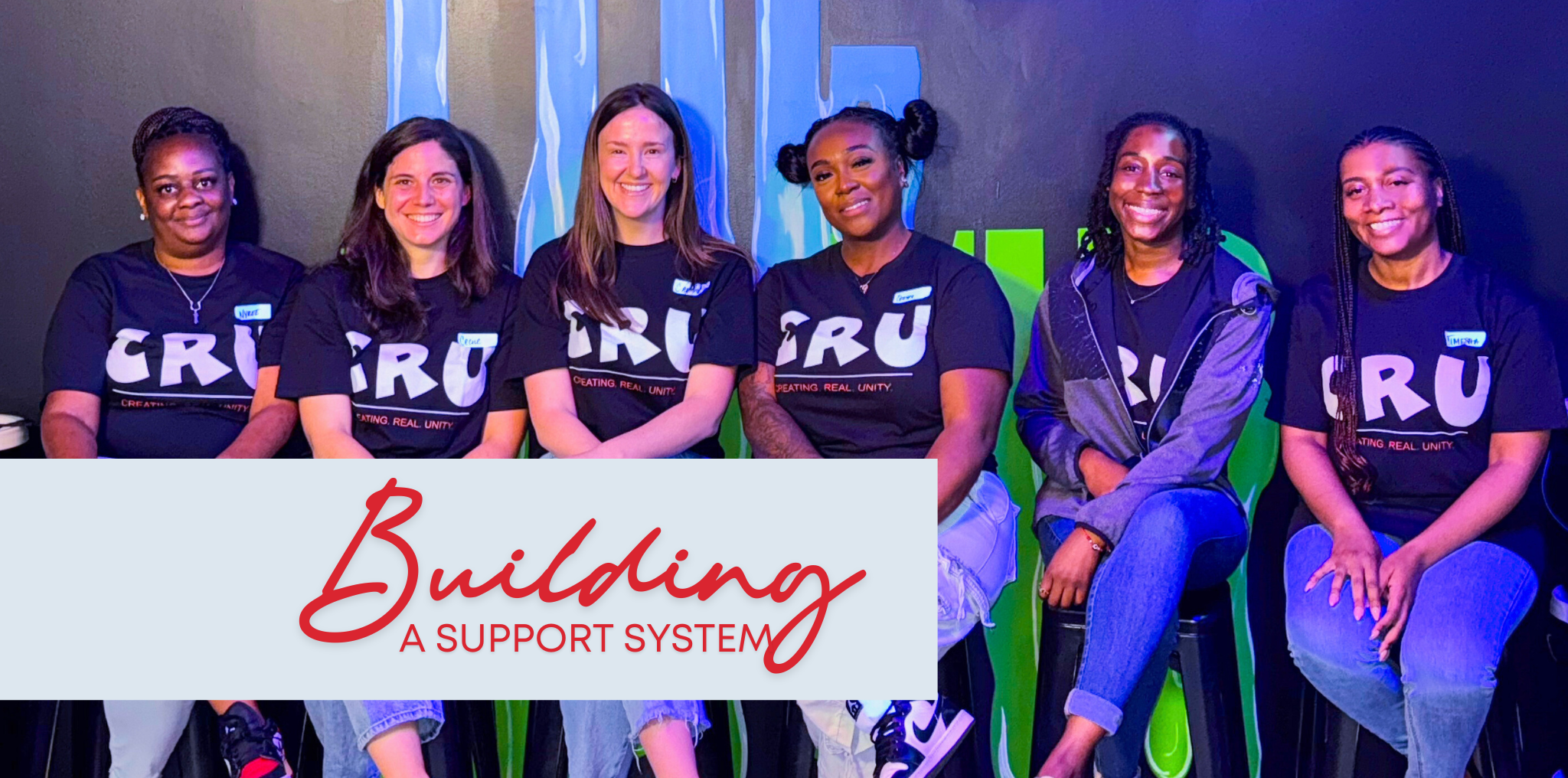 Texas Children's employees wearing CRU teen sickle cell support program t-shirts sit in a row. Text reads: Building a support system