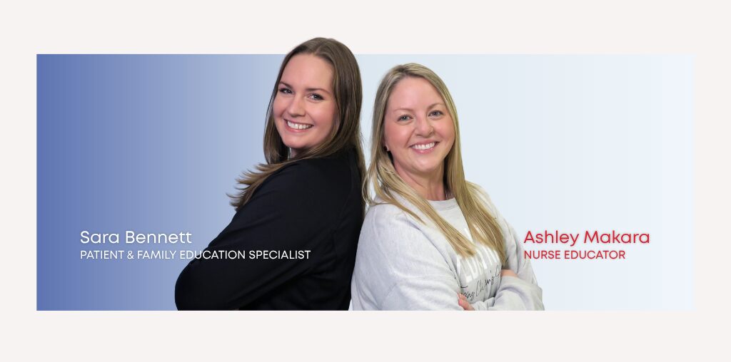 Pediatric Hematology-Oncology nurses Sara Bennett and Ashley Makara stand back to back. Sara is a Patient & Family Education Specialist and Ashley is nurse educator at Texas Children's.