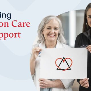 Dr. Jennifer Bump and Adoption Care Coordinator Jennifer Woolley pictured holding the universal adoption symbol (a triangle intertwined with a heart). Text reads: Pioneering Adoption Care and Support