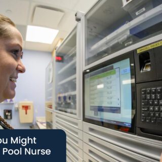 A female nurse at Texas Children's adjusts equipment. Text reads: 5 Signs You Might Be a Float Pool Nurse