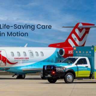 Texas Children's Kangaroo Crew medical transport airplane and ambulance positioned side by side on a runway. Text reads: Life-saving care in motion.