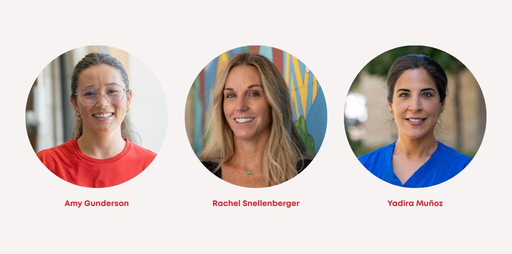 NICU nurse Amy Gunderson, ECMO specialist Rachel Snellenberger and dialysis nurse Yadira Munoz are pictured in three circles.