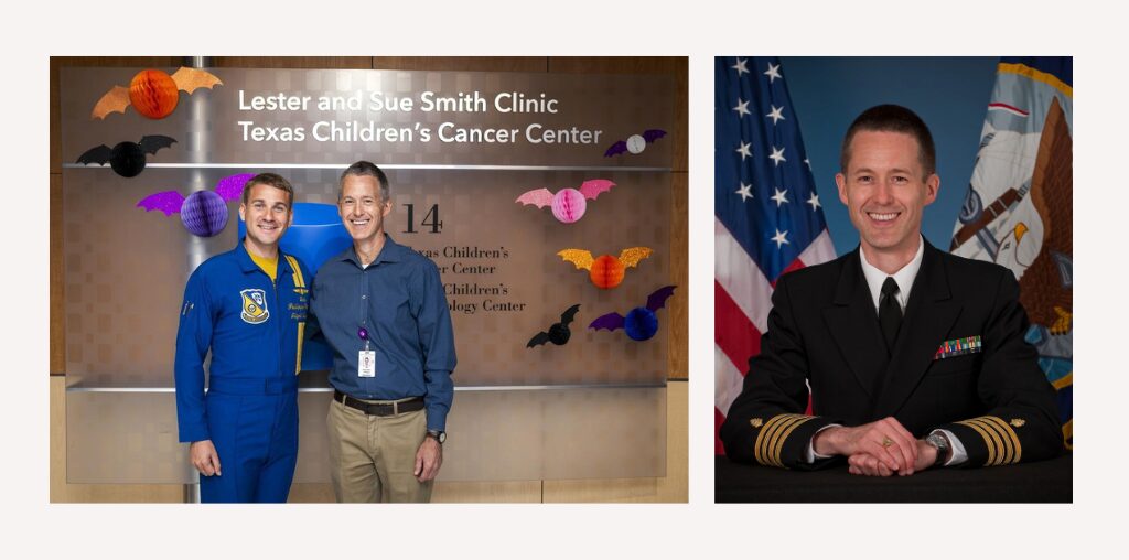 Texas Children's hematologist-oncologist Dr. Tim Porea at Blue Angels event at Texas Children's Cancer Center and photographed seated in uniform.