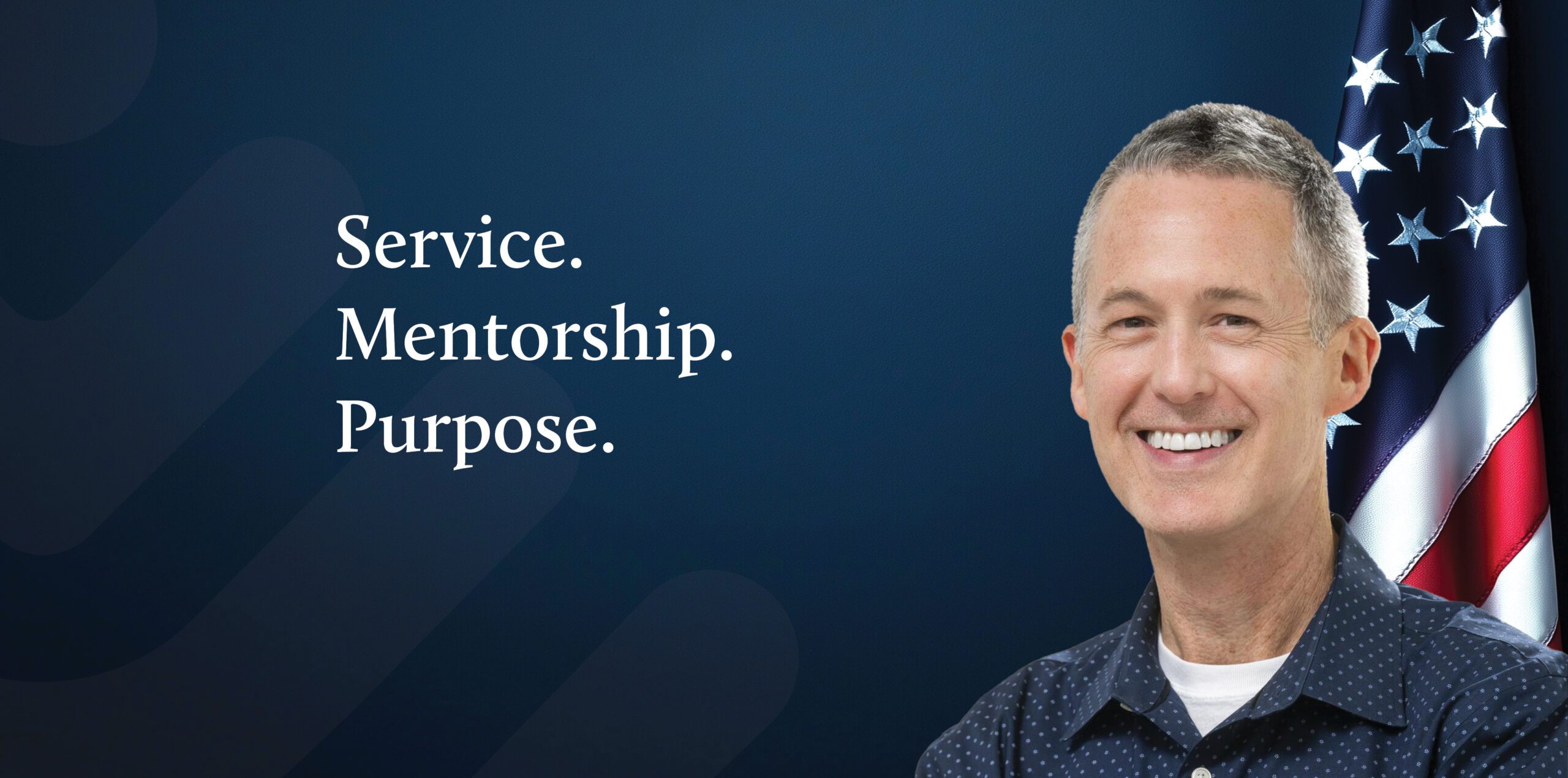 Texas Children's hematologist-oncologist Dr. Tim Porea pictured in front of an American flag. Text reads: Service. Mentorship. Purpose.