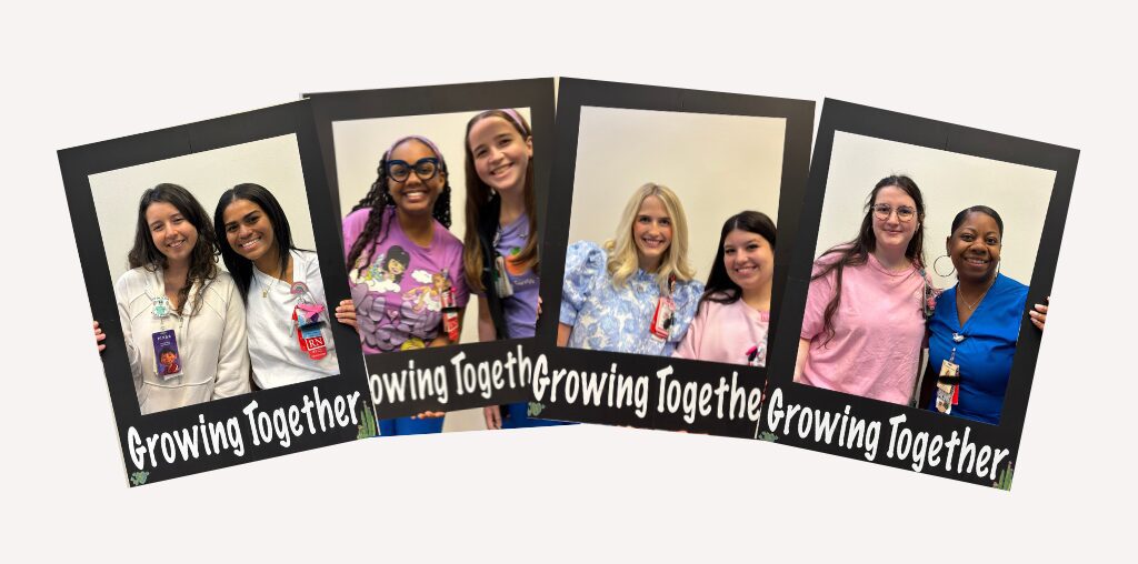 Texas Children's nurse residency program supports the transition into practice through mentorship. Nurse residents pose with their mentors holding a "Growing Together" frame.